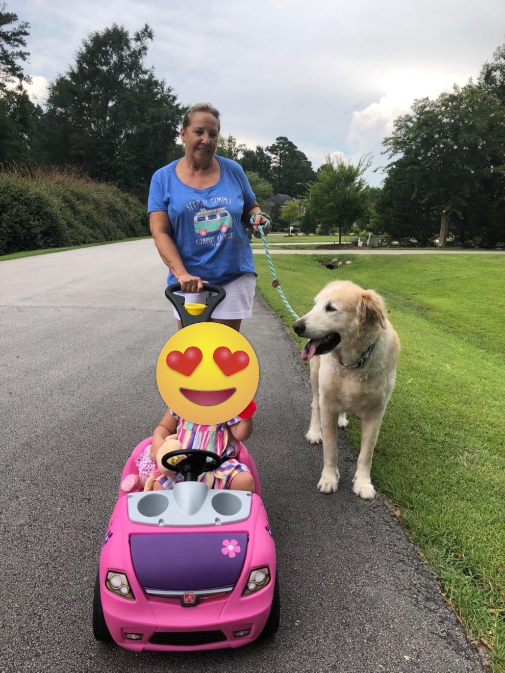 A woman walks a golden retriever while a toddler rides a toy car, holding a red cup, in a suburban neighborhood
