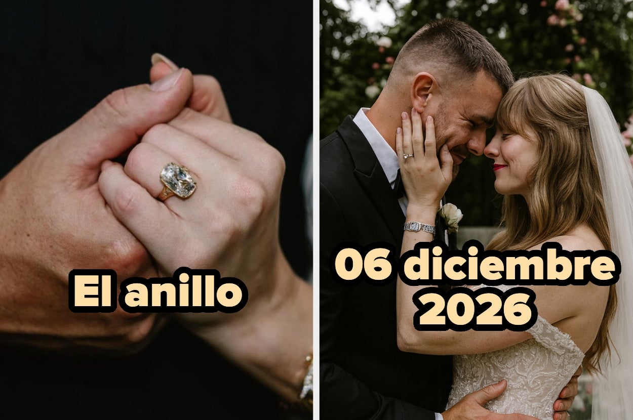 Una pareja se abraza; destacan un anillo en una mano y una fecha: "06 diciembre 2026"