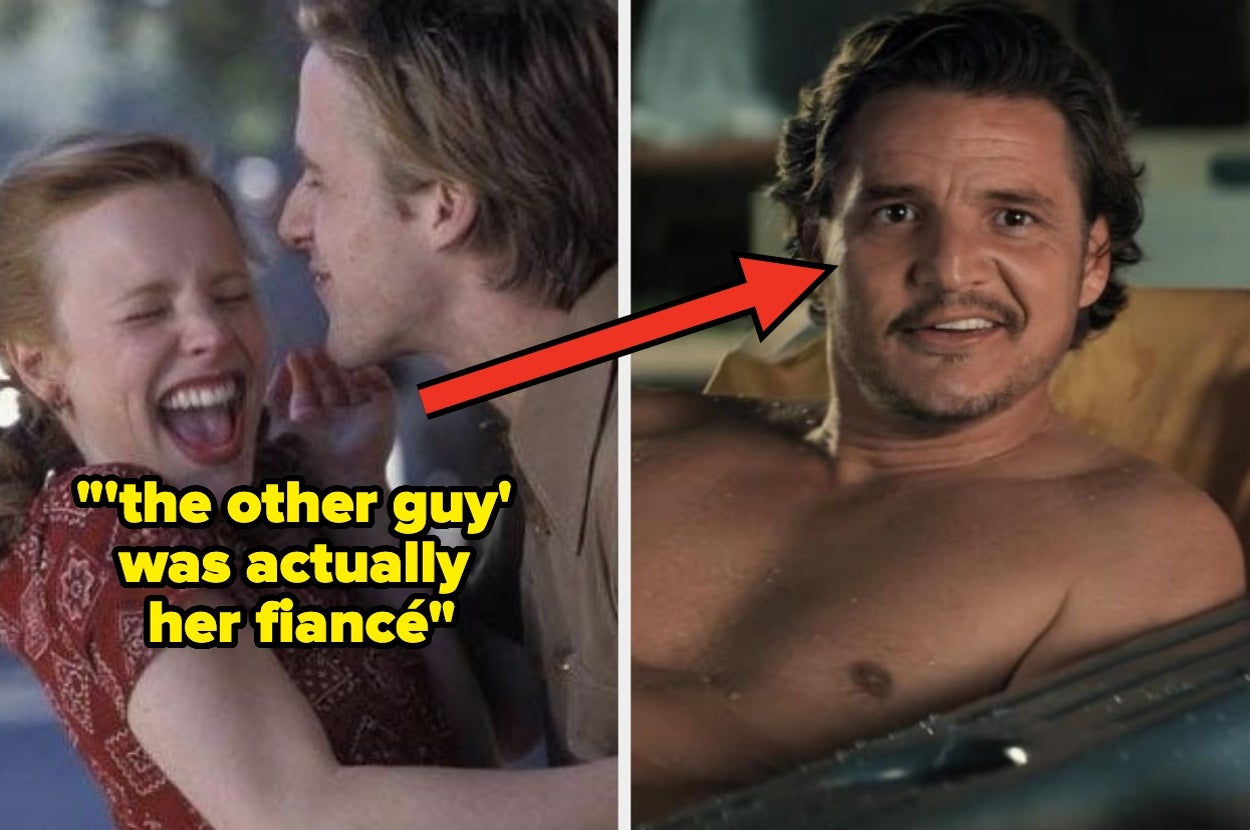 Split image: Left shows a laughing couple, right shows a shirtless man with a mustache and a surprised expression. Text reads "'the other guy' was actually her fiancé"