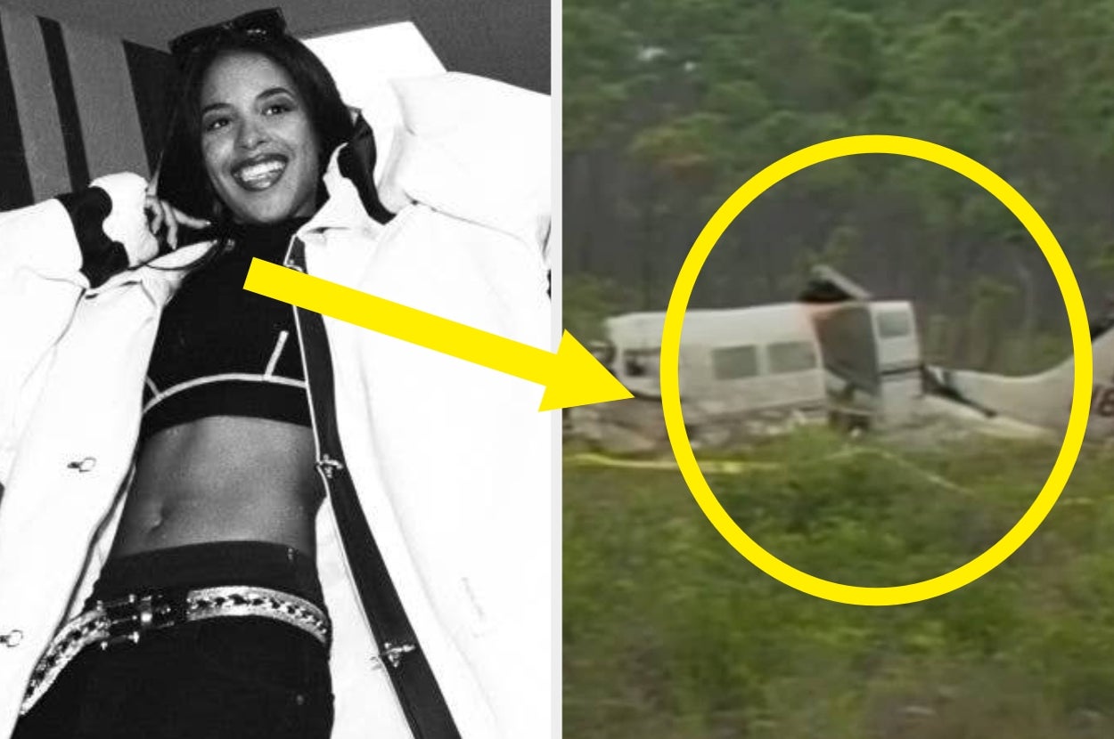 Smiling woman in stylish, casual outfit next to an arrow pointing to a plane crash site