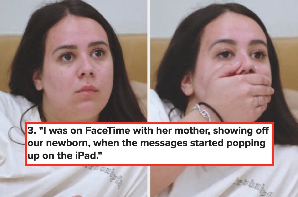 Woman looks shocked, covering her mouth, with text overlay sharing a personal story about unexpected messages during a FaceTime call with her mother