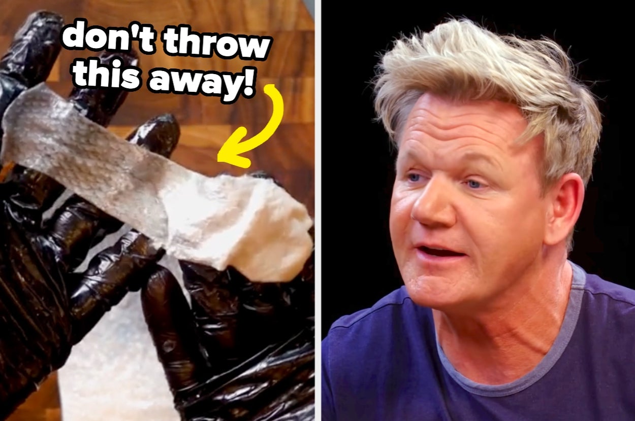 Split image: Left shows gloved hand holding fish skin with "don't throw this away!" text. Right shows Gordon Ramsay during a Hot Ones interview