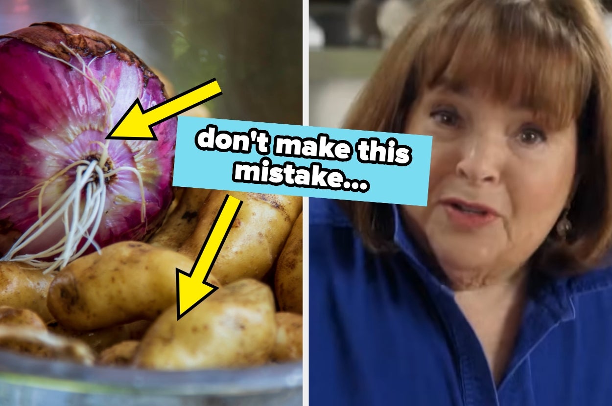 Split image: Left shows onions and potatoes with arrows pointing at them; right shows a person speaking. Text reads: "don't make this mistake..."