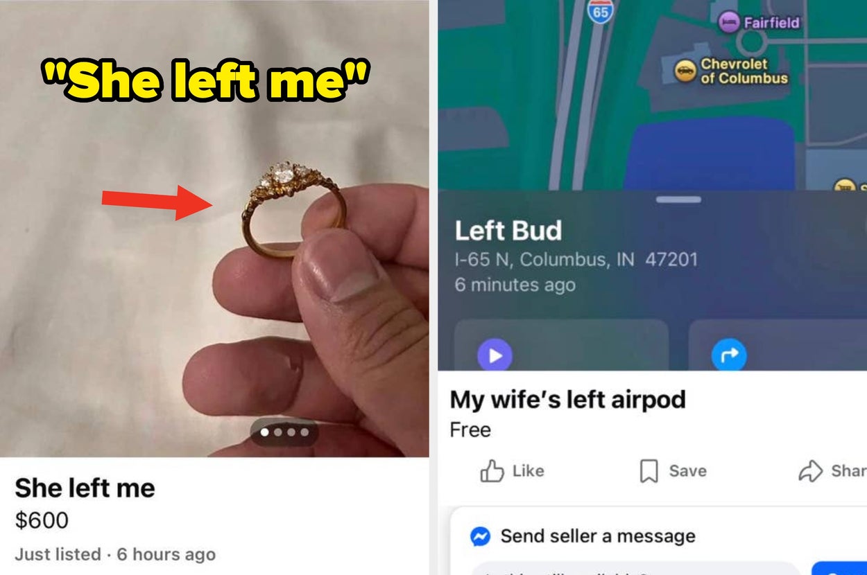 Split image: Left side shows a ring for sale titled "She left me." Right side shows a map with the title "Left Bud," highlighting a lost AirPod