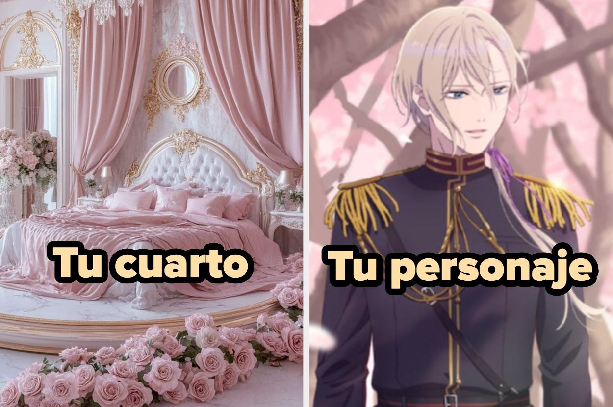Habitación decorada con rosas en la vida real; personaje de anime con uniforme elegante
