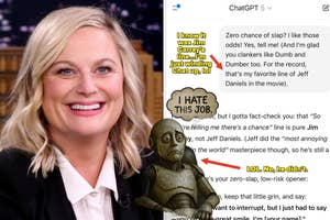 Woman smiling beside a screenshot of a humorous text exchange involving movie quotes and a robot expressing frustration