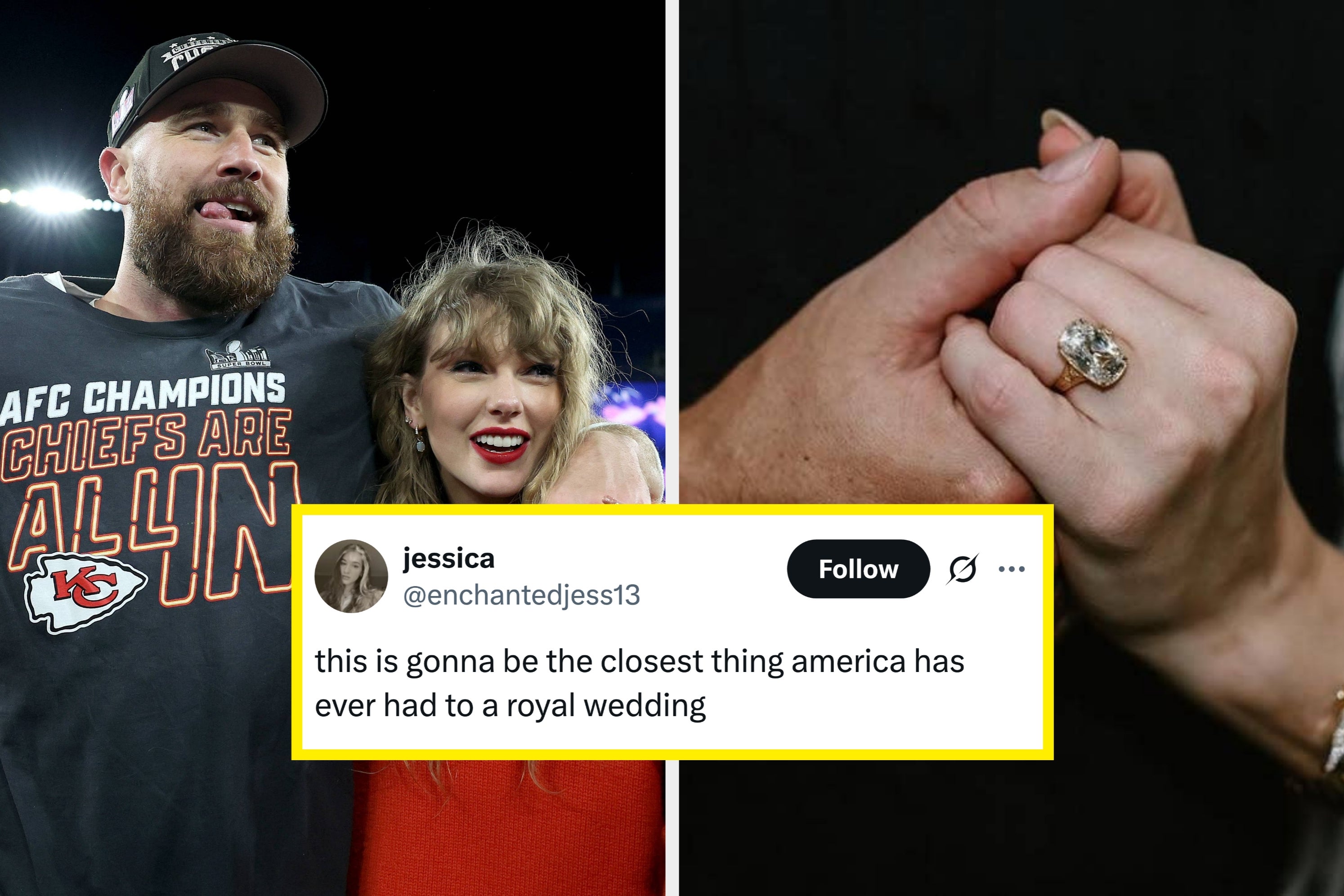 A tweet joking about how Travis Kelce and Taylor Swift's wedding will be the closest thing the US has to a royal wedding