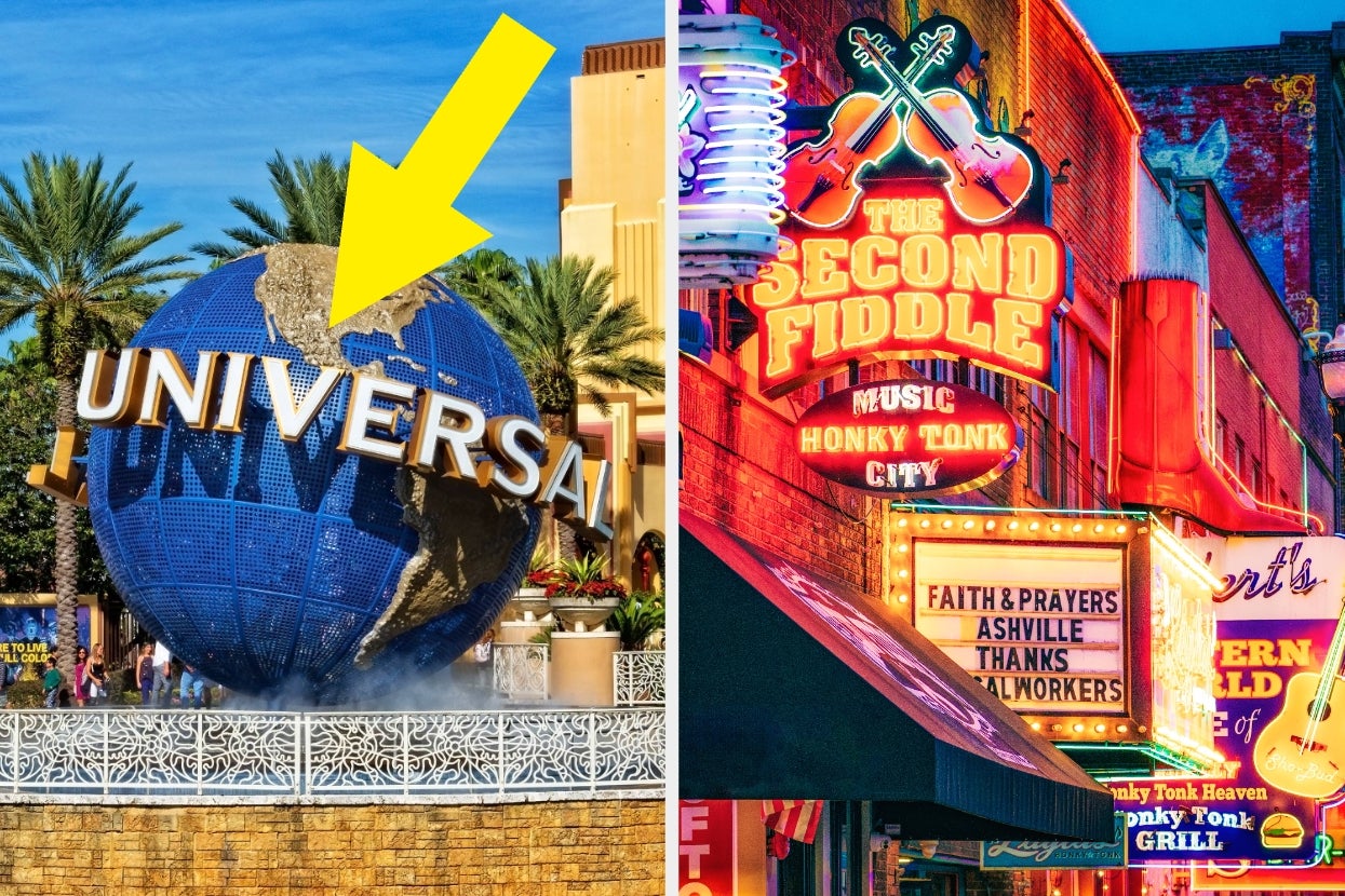 Universal Studios globe and vibrant neon-lit street with music venues in Nashville, featuring signs like "The Second Fiddle" and "Honky Tonk."