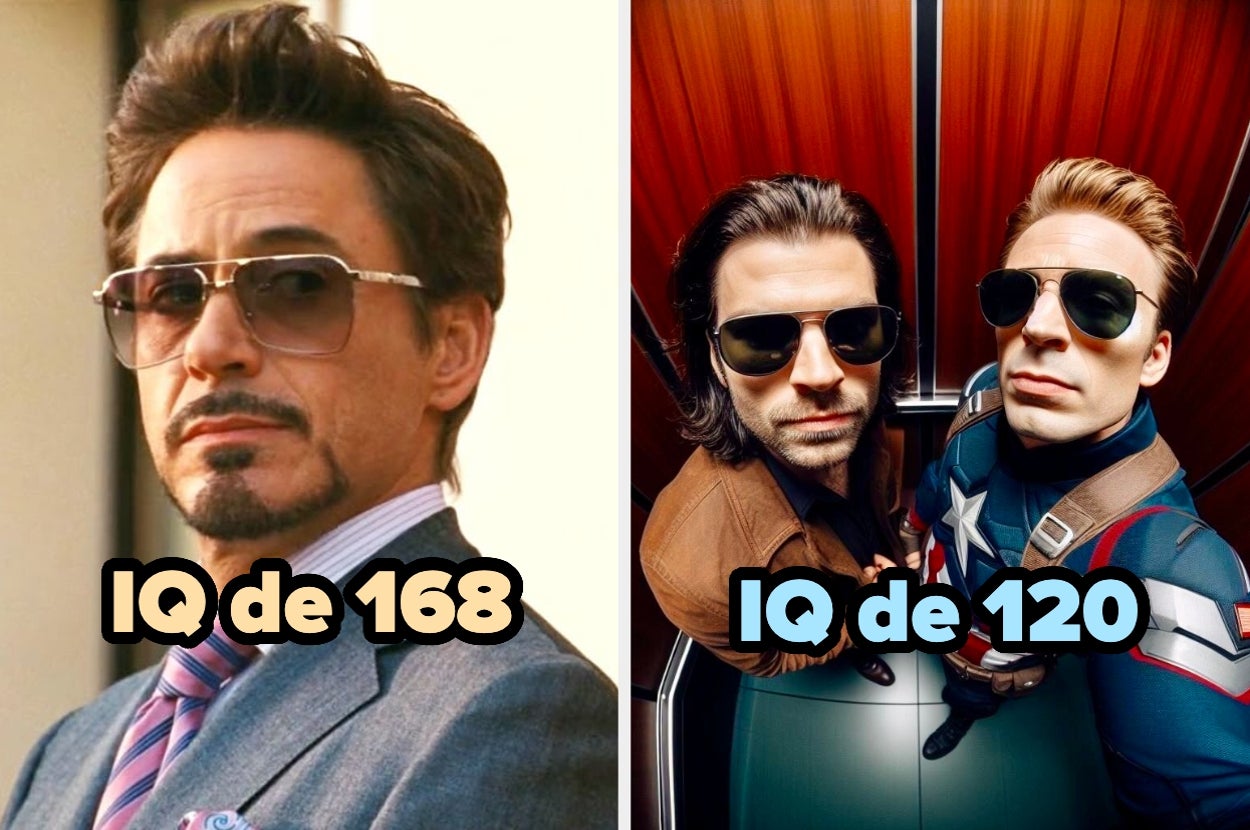 Dos imágenes lado a lado: A la izquierda, un hombre con traje y gafas de sol. A la derecha, dos hombres, uno con traje de Capitán América, ambos con gafas de sol. Texto indica diferentes IQs