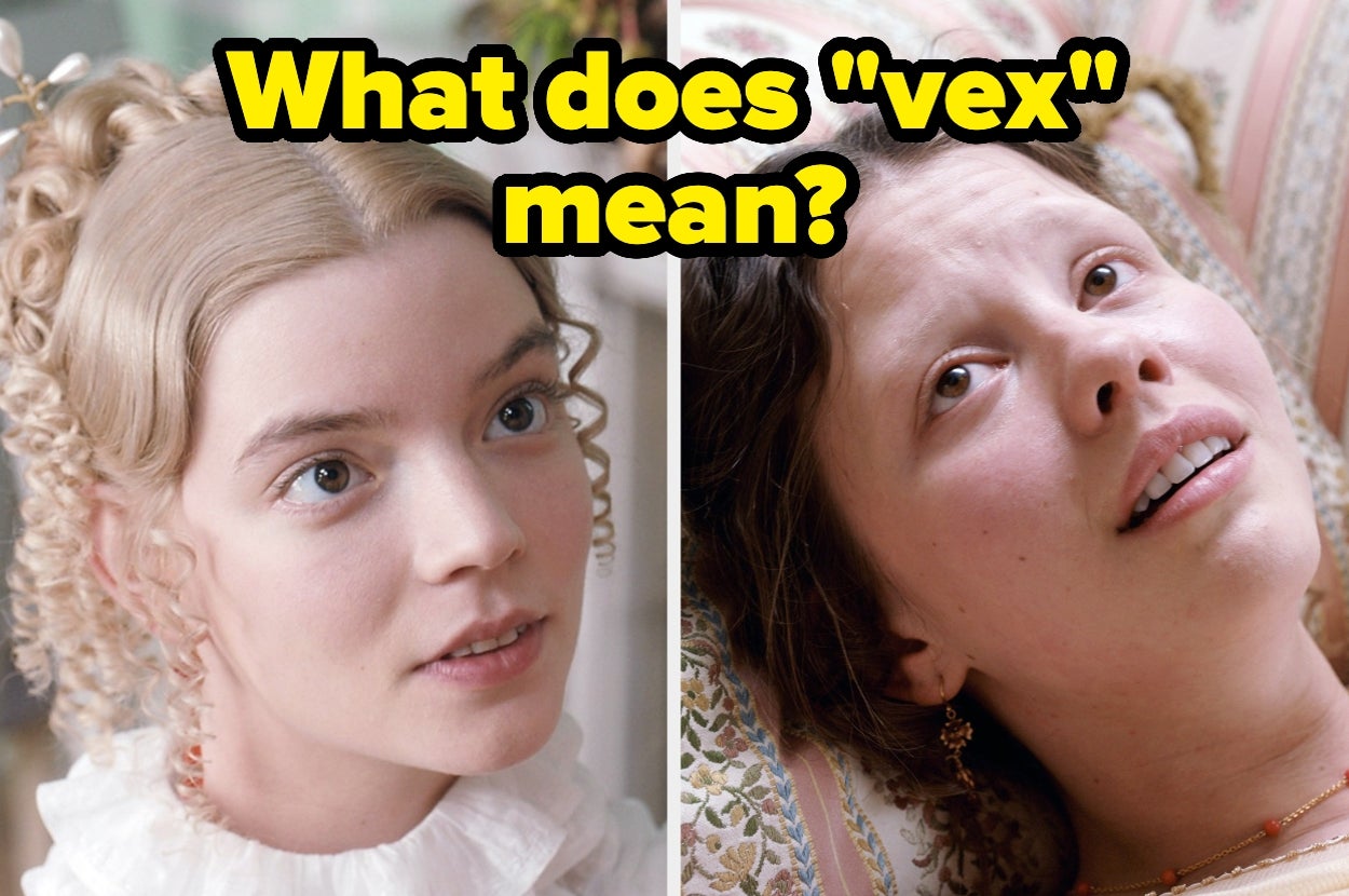 Two characters from a film appear confused. The caption reads, "What does 'vex' mean?"