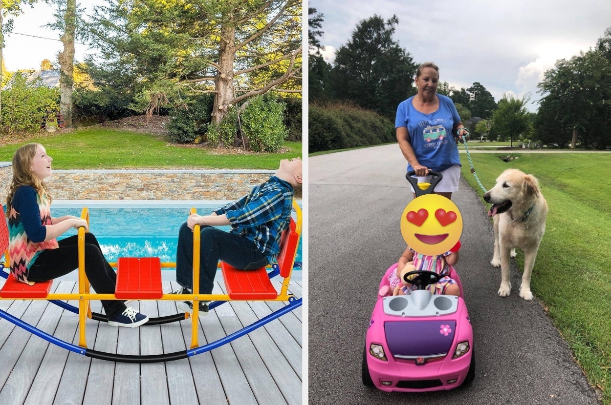 On the left, two children laugh on a backyard rocker. On the right, a child in a pink toy car is pushed by a smiling adult walking a large dog