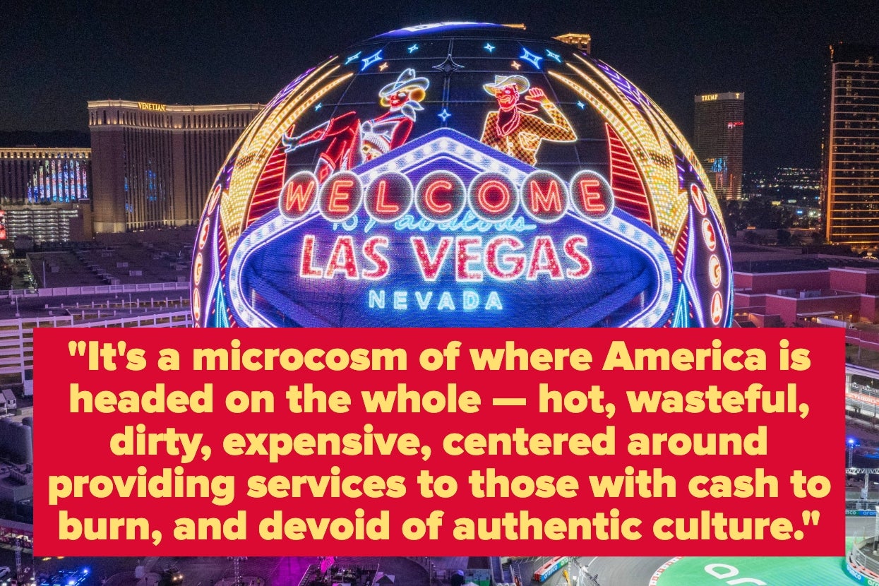 An illuminated Las Vegas welcome sign with text: "It's a microcosm...authentic culture."