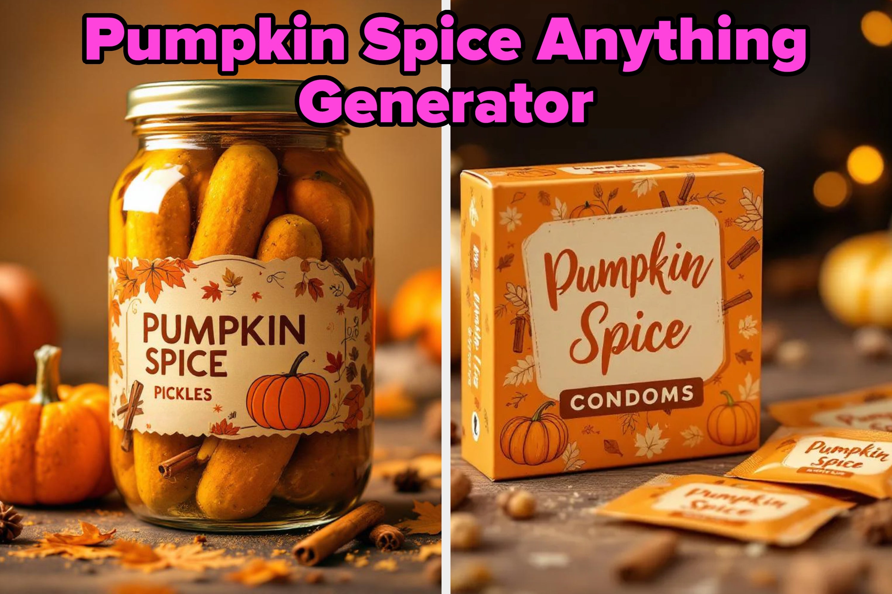 Pumpkin Spice Anything Generator: Images show pumpkin spice pickles in a jar and a box of pumpkin spice condoms with sachets nearby