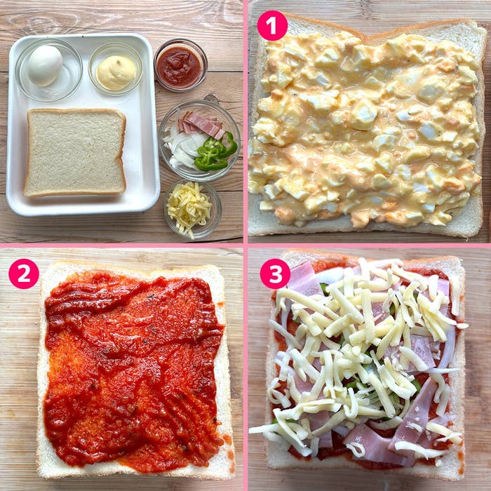 4枚の画像コラージュで、サンドイッチの材料と作り方を表示。
