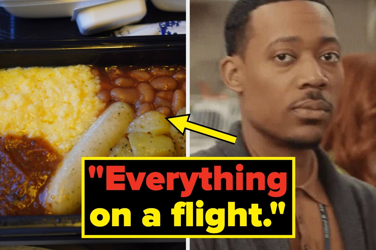 Split image: left shows an unappetizing airline meal; right shows a concerned person. Text: "Everything on a flight."