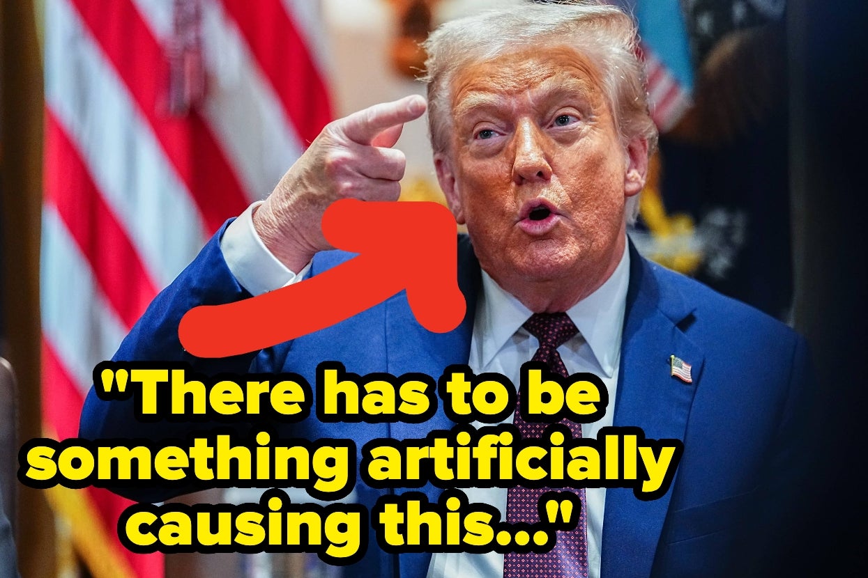 Person in a suit is speaking animatedly, with a large red arrow pointing to their head and text reading: "There has to be something artificially causing this..."