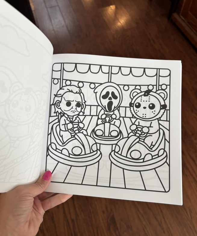 Coloring book page with bumper cars featuring horror-themed characters: clown, ghost face, and bear with a hockey mask.