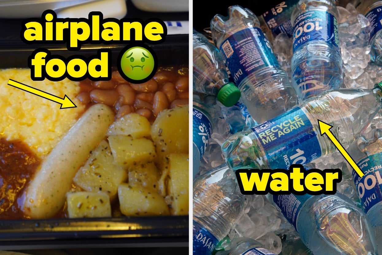 Split image: Left shows unappetizing airline meal with sausage, beans, potatoes; right shows ice-filled container with bottled water