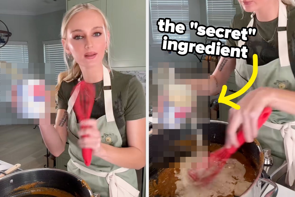 Person cooking in a kitchen holding a red spatula, while adding a "secret" ingredient to a pot. Text emphasizes mystery of the ingredient