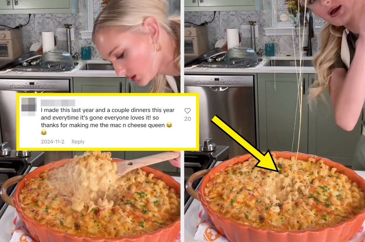 Person enjoying baked mac and cheese with a melting cheese topping. A comment praises the dish as a hit at dinners, calling it mac n cheese queen