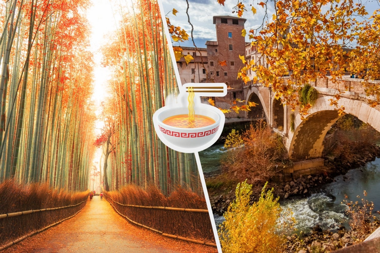 Split image: A serene bamboo forest walkway and a stone bridge over a river in autumn, with a bowl of ramen illustration between them
