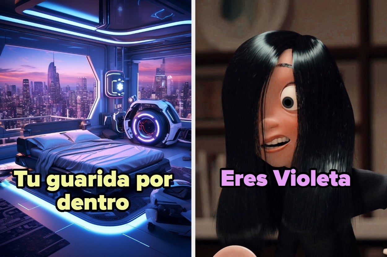 Habitación futurista con vista a la ciudad y personaje animado de cabello oscuro diciendo "Eres Violeta"