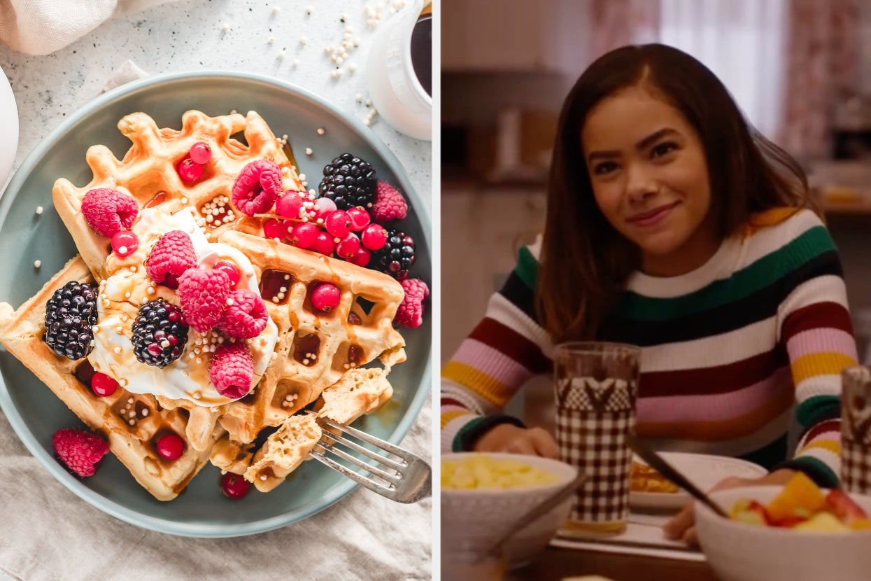 Left: Plate of waffles topped with berries and cream. Right: Ginny smiling at a table set with food and a checkered glass