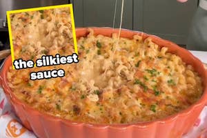 Baked macaroni and cheese with a golden crust, topped with parsley, being served with a stringy, melted cheese pull. Text reads "the silkiest sauce."