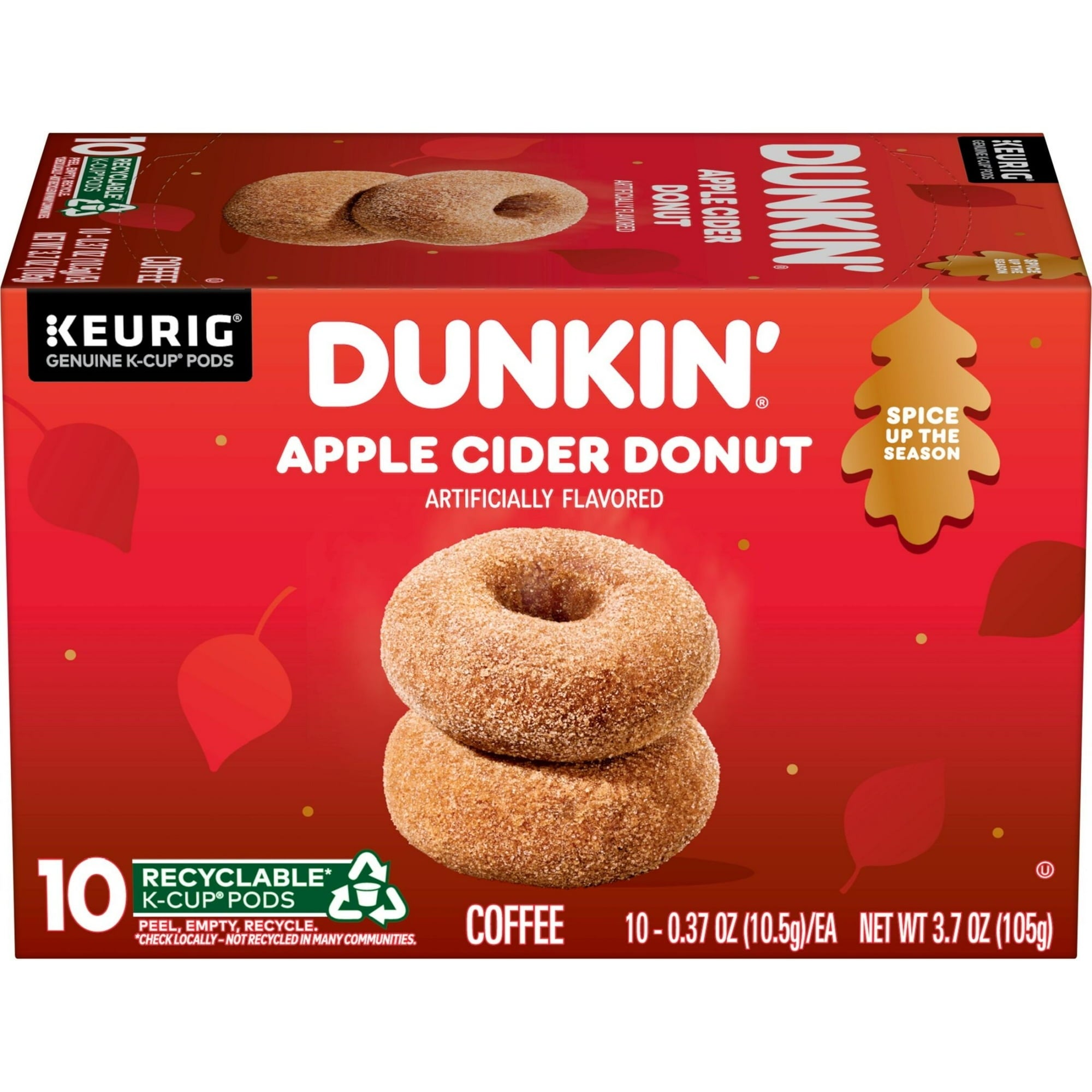 Dunkin' Apple Cider Donut coffee pods box; flavored coffee, recyclable, 10 pods.
