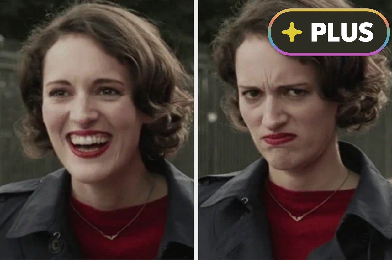 Two side-by-side photos of Phoebe Waller-Bridge in Fleabag, smiling in one and frowning in the other, wearing a casual jacket