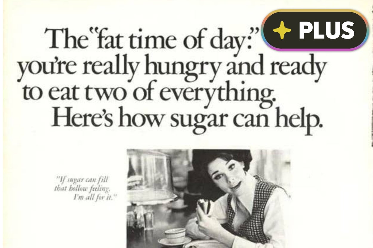 Woman sits at a table smiling with text about sugar helping hunger. Caption: "If sugar can fill that hollow feeling, I'm all for it."