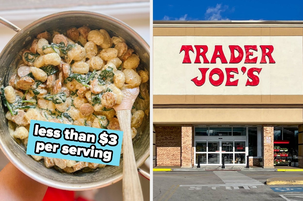 A pot of gnocchi with sausage and spinach is shown next to a Trader Joe’s store exterior; text: "less than $3 per serving."