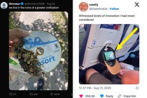 Left: Hand holding a Wii Sports Resort disc used as a plant with roots. Right: Phone on a plane, propped with a shoe for hands-free viewing