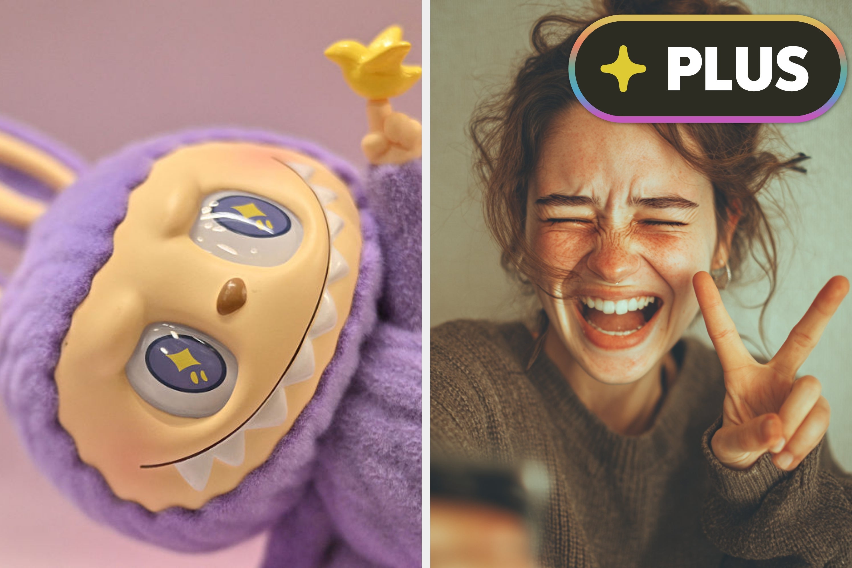 Cute plush toy with a wide grin and a woman laughing while making a peace sign. Both exude joy and playfulness