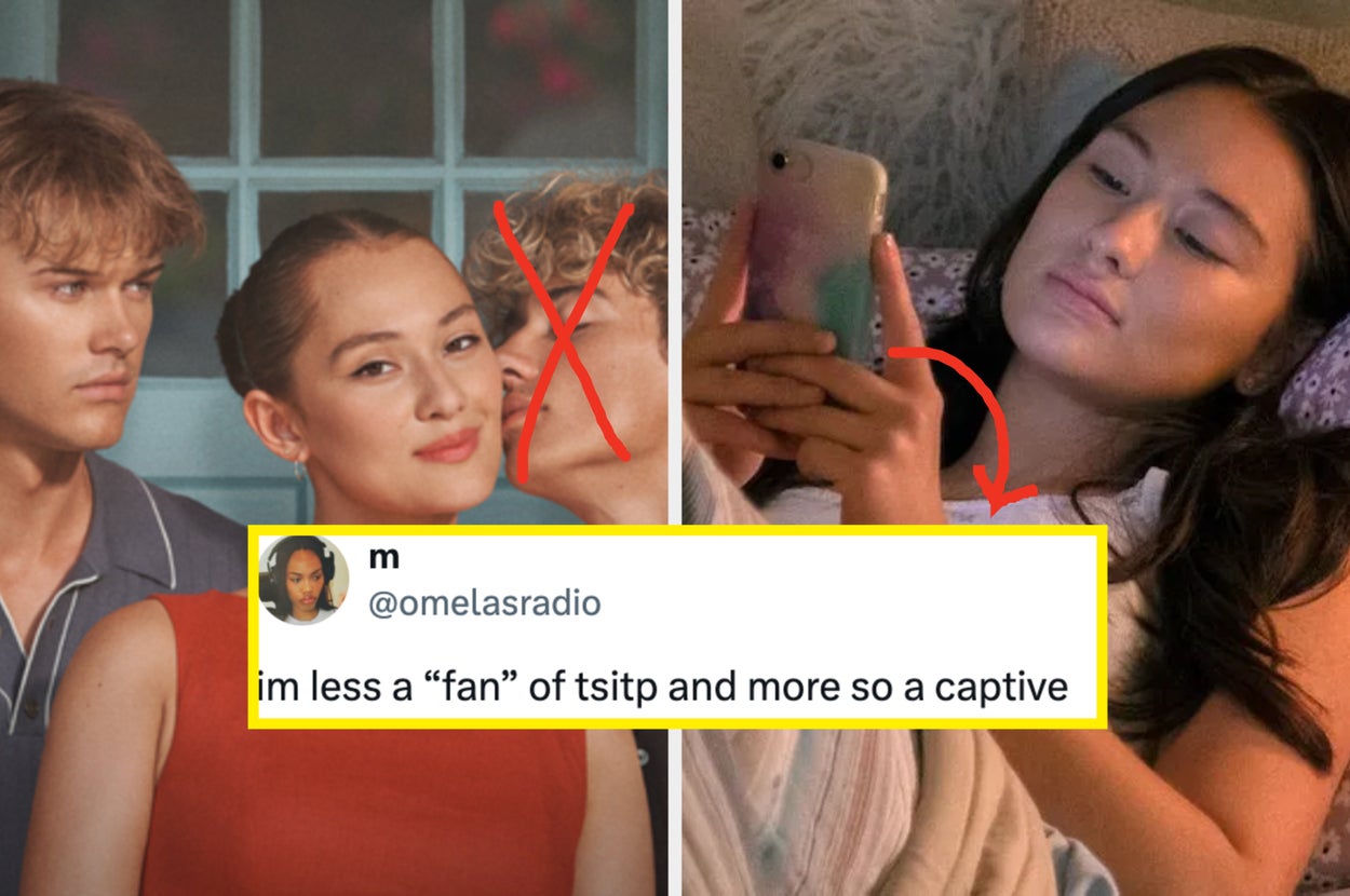 Split image: Left shows two people with red Xs; right shows a person lying in bed, looking at a phone. Tweet below reads: "im less a 'fan' of tsitp and more so a captive."