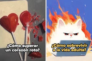 Left: Broken heart-shaped lollipop art with text on overcoming heartbreak. Right: Angry cat on laptop with fiery background, addressing adult life survival