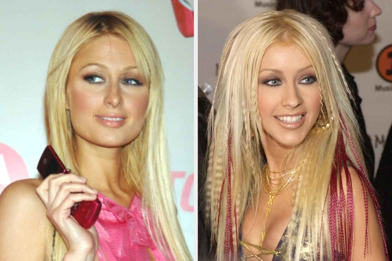 Two women with long blonde hair styled differently at a media event, wearing glamorous outfits