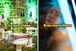 Productos de cuidado personal con eslóganes: "Eres sensible" junto a frascos verdes y "Eres amorosa" con envases decorativos