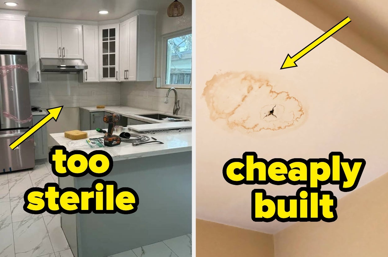A split image showing a sterile kitchen with white cabinetry and marble counters on the left, and a damaged ceiling with water stains and cracks on the right