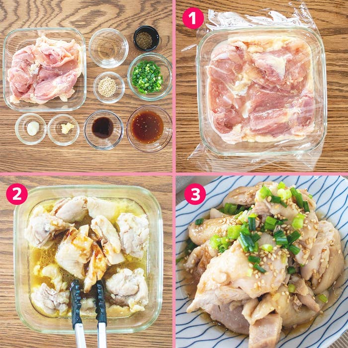 鶏肉と調味料の準備段階から調理までの手順写真。最終的に完成した料理が皿に盛られている。