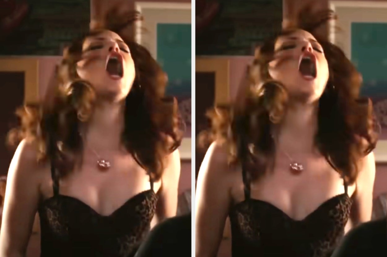 A woman wearing a lace-style top appears to be in a moment of intense emotion or expression