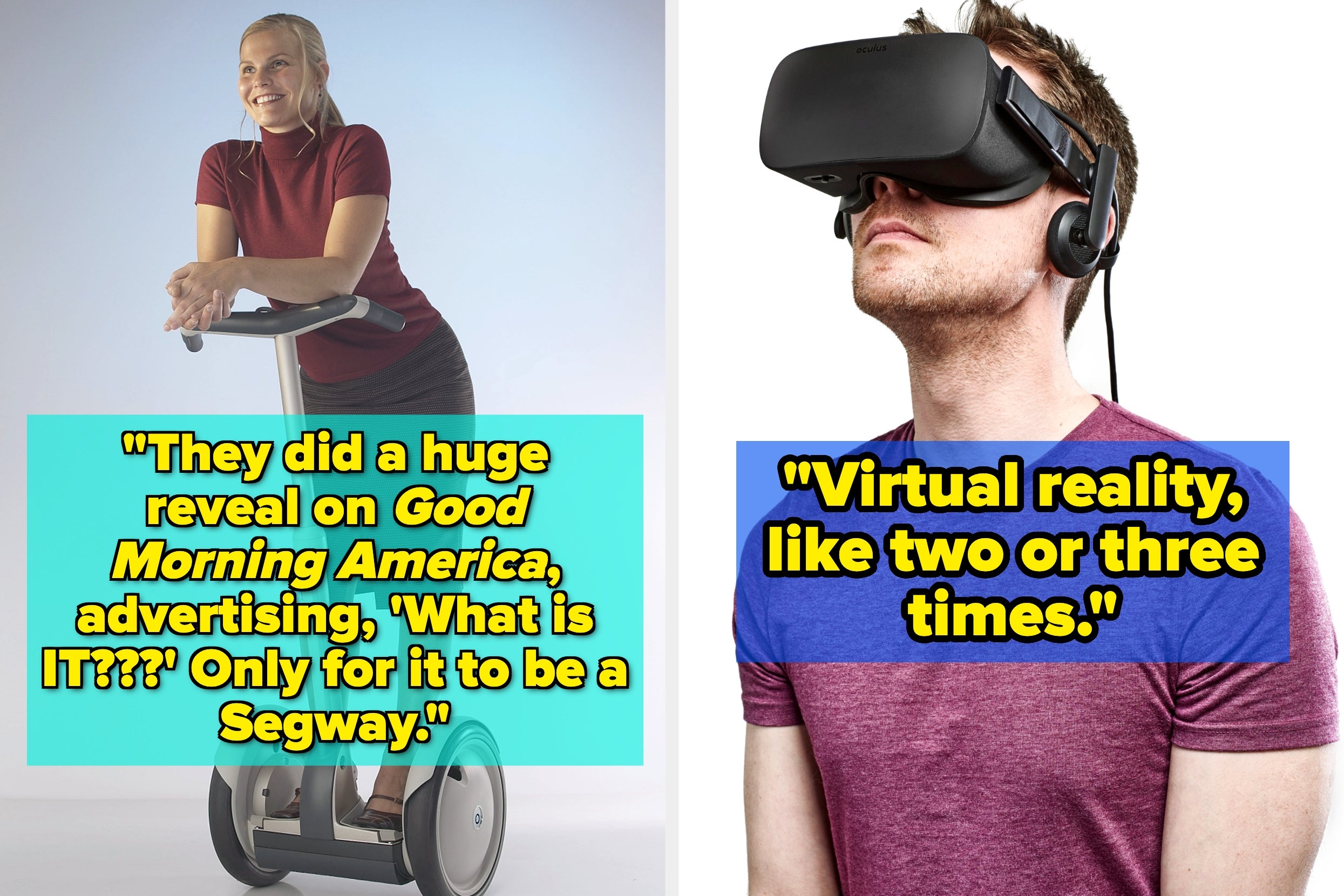 Left: Person on a Segway with text about its reveal. Right: Person wearing a VR headset with text about virtual reality experiences
