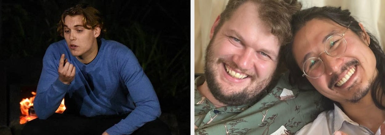 Left: Person in a blue shirt sitting near a campfire, making a call gesture. Right: Two people smiling, one wearing glasses, underneath a "Thank You" sign
