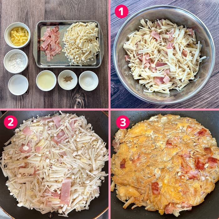 えのきとベーコンのガレットの作り方。手順:材料準備、混ぜ合わせ、フライパンで焼く過程。