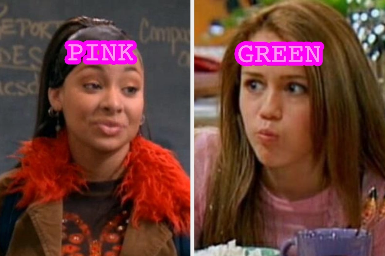 Split image: left, a person with red feather trim; right, a person eating with an amused expression. Both have labels: "PINK" and "GREEN."