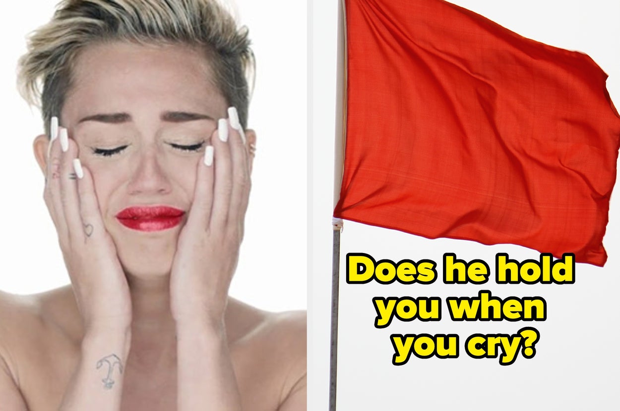 Person holding their face, appearing distressed, next to a red flag with text: "Does he hold you when you cry?"