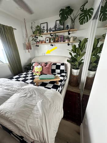 Kamar tidur yang nyaman dengan seprai kotak-kotak, tanaman, dan rak-rak bergaya pedesaan yang menyimpan dekorasi dan buku, menciptakan ruang yang terinspirasi dari belanja yang tenang