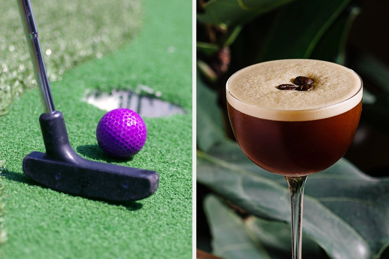 Left: A mini-golf putter with a purple ball near a hole. Right: A cocktail with frothy top and coffee bean garnish on a lush background