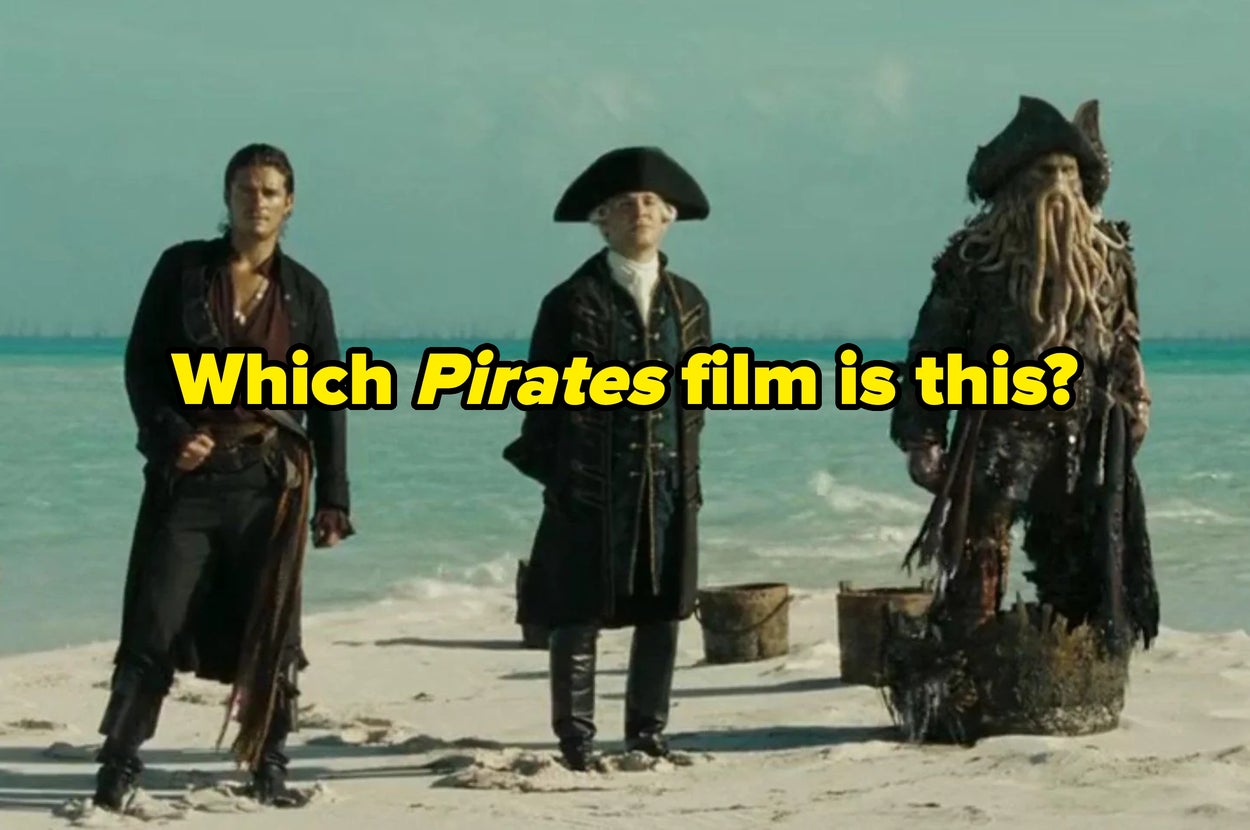 Three characters in pirate attire stand on a beach with the text, "Which Pirates film is this?"