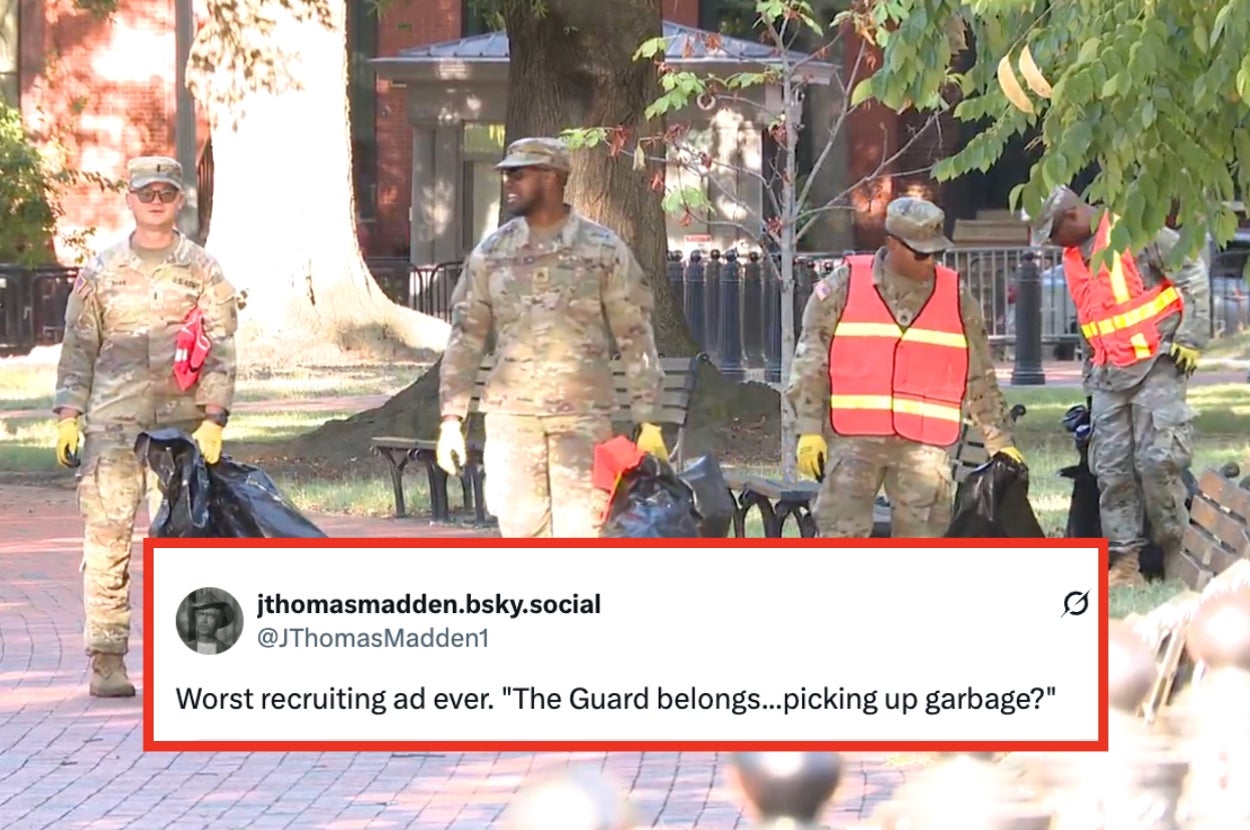 Soldiers in camouflage uniforms and safety vests picking up trash in a park; a social media post criticizes their role